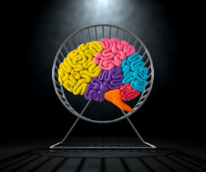 Illustration of a colorful brain on a hamster wheel, symbolizing the constant mental exhaustion and chaotic brainwaves caused by stress and overwhelm.