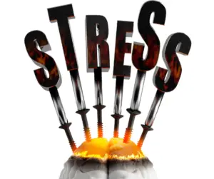 Illustration showing the word 'Stress' with bolts piercing a brain, symbolizing how chronic stress impacts and rewires the nervous system.