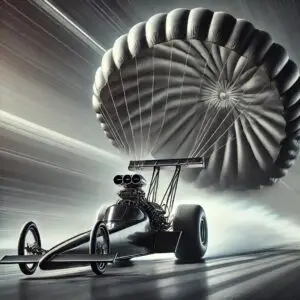 Dragster with a deployed parachute symbolizing the ability to calm the nervous system, creating balance and controlled deceleration from high stress.