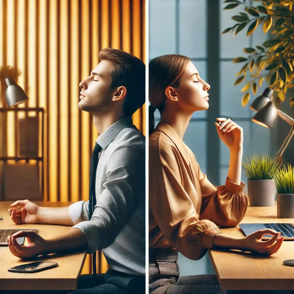 Male and female practicing breathwork at work, sitting at desks with eyes closed, promoting mindfulness and relaxation in an office setting.