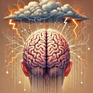 Illustration of a human brain under stress, showing tangled wires, lightning bolts, and a storm cloud, symbolizing the physical and emotional impact of stress.