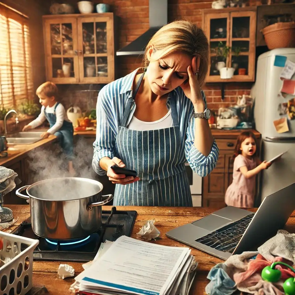 Overwhelmed middle-aged woman in a cluttered kitchen, managing multiple tasks and feeling stressed with kids in the background. Stress relief with proven neurofeedback.