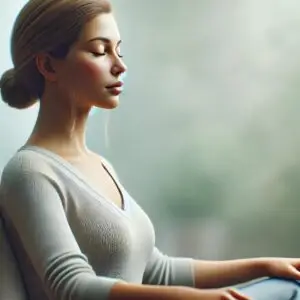 Woman practicing long exhale breathing to calm the nervous system, appearing relaxed and mindful in a serene environment.