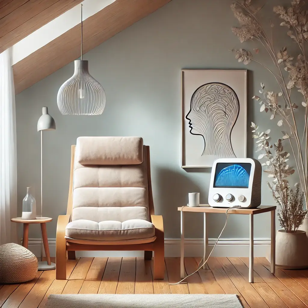 Modern wellness therapy room with neurofeedback equipment, a comfortable chair, and soft natural lighting for relaxation.