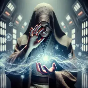 Jedi-like figure in a robe, eyes closed, hand raised, emitting glowing energy waves for a powerful mind trick.