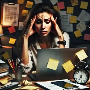 Stressed woman sitting at cluttered desk, holding her head with frustration, overwhelmed by work and notifications.