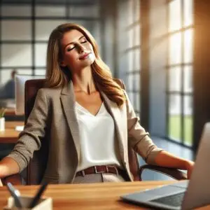 Professional woman at work leaning back in chair, eyes closed, smiling, trying to calm the nervous system.