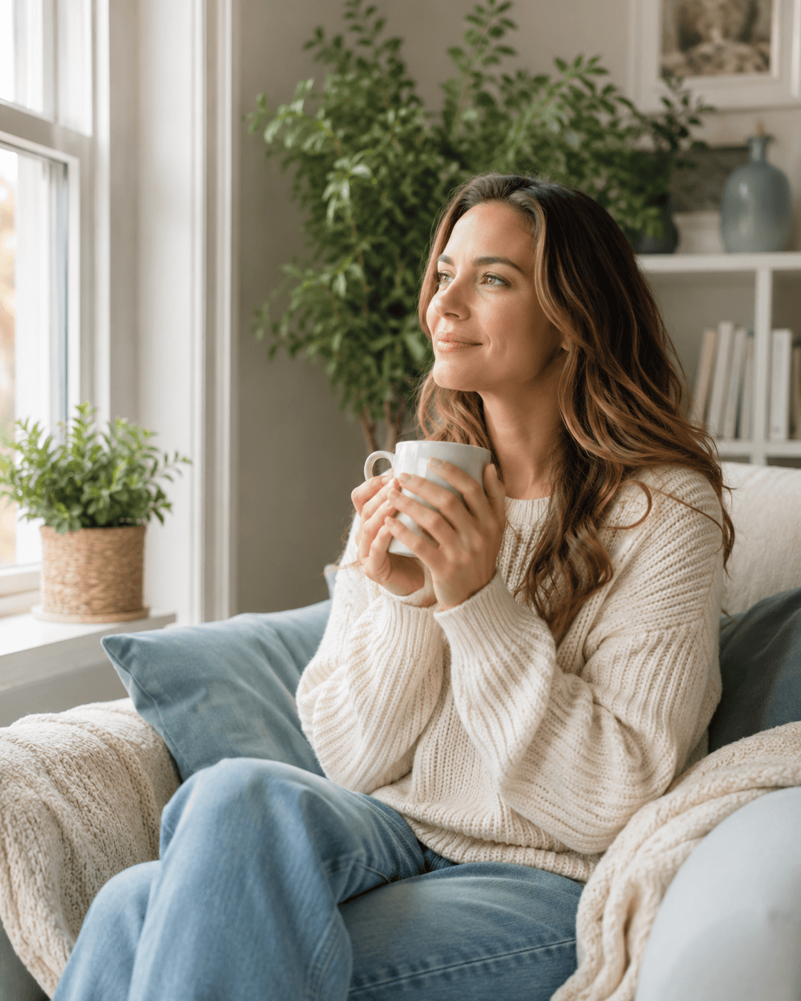 Person sitting peacefully by a sunlit window feeling calm and hopeful after microcurrent neurofeedback at Clear Mind Utah