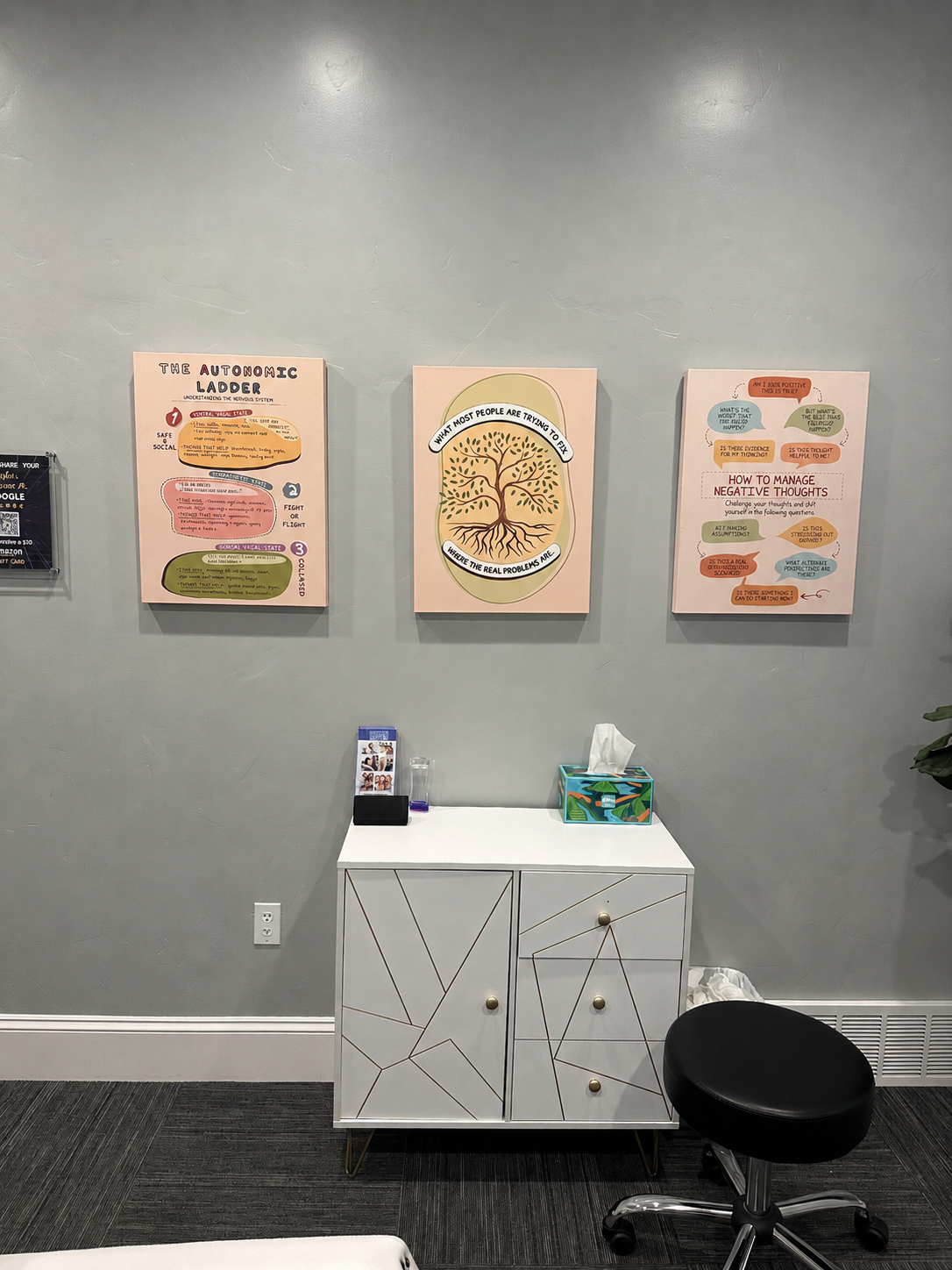 Clear Mind Utah office wall featuring autonomic nervous system educational posters in American Fork Utah