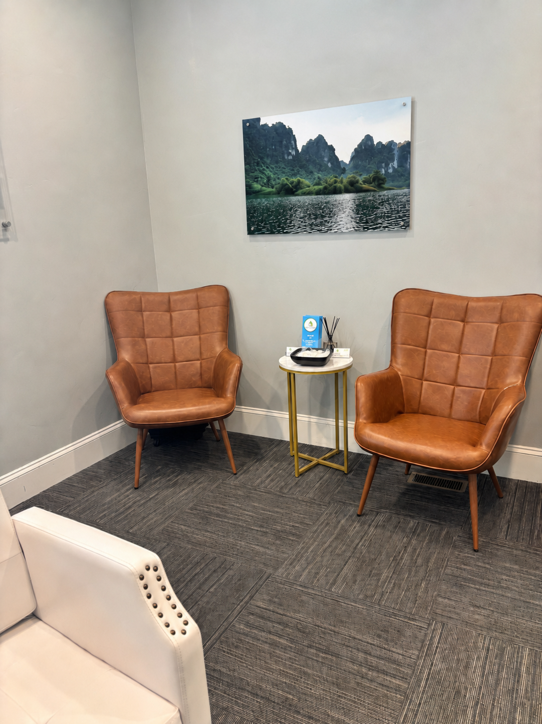 Clear Mind Utah waiting room — two leather chairs and calming sunrise artwork in American Fork Utah