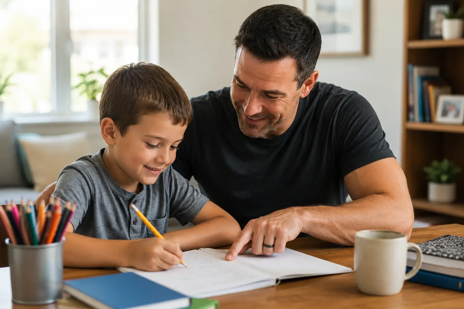 Parent and Child at Table Father helps his young son with homework at a wooden table, both smiling as they write in a notebook. | clear mind utah | clear mind utah