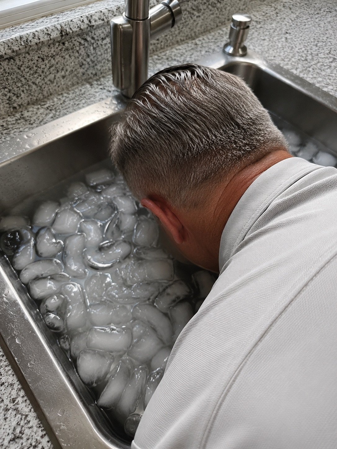 Troy Gundersen, owner of Clear Mind Utah, dunking his head in a sink full of ice water during a 30-day nervous system reset experiment