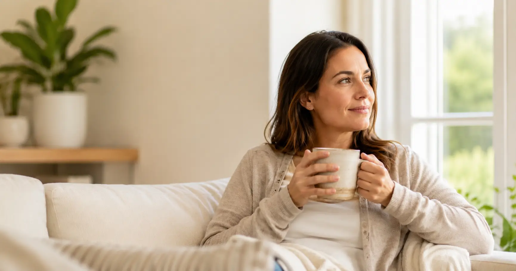 Why-cant-i-relax-anxiety-hero Woman sitting on a beige sofa, holding a mug and looking out a sunny window. | clear mind utah | clear mind utah