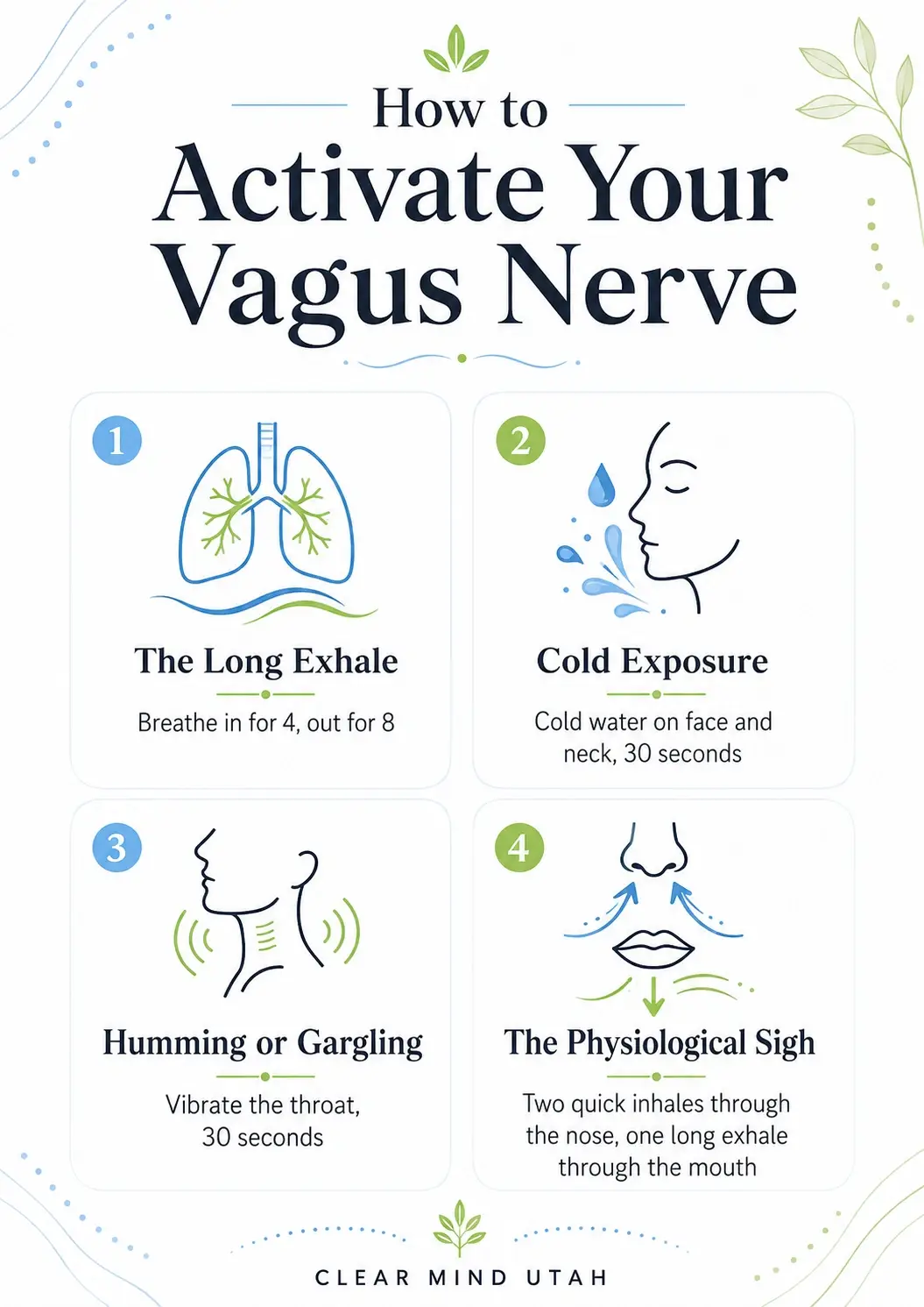 Infographic showing four ways to activate the vagus nerve: the long exhale, cold exposure, humming or gargling, and the physiological sigh