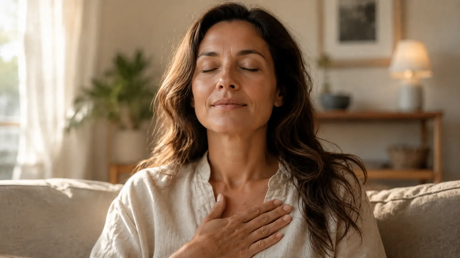 Woman taking a calming breath at home, signs of nervous system dysregulation - Clear Mind Utah
