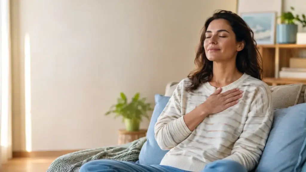 A person sitting calmly with a hand resting on their chest, representing nervous system regulation therapy | clear mind utah