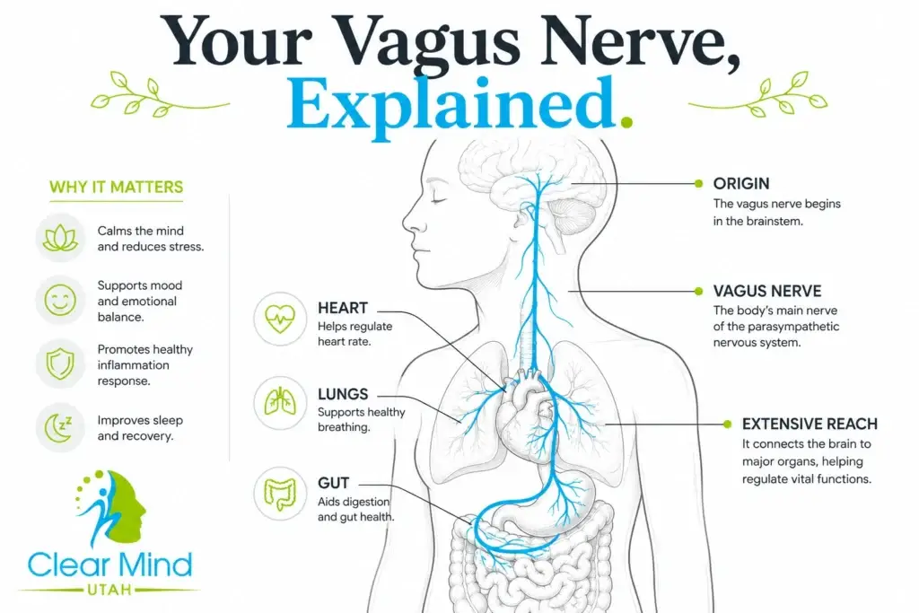 Yourvagusnerveexplainedclearmindutah Infographic showing the vagus nerve from brainstem to abdomen with labeled organs and a 'why it matters' list. | clear mind utah