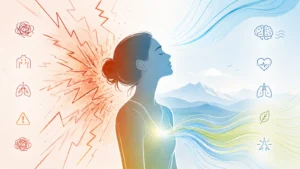 Anxiety-without-medication-infographic Infographic showing a nervous system shifting from fight-or-flight alarm symptoms on one side to calm, regulated symptoms on the other | clear mind utah