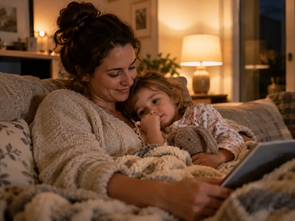 Mother and young daughter relaxing together on a couch in a warmly lit living room, a moment of calm connection at home | clear mind utah