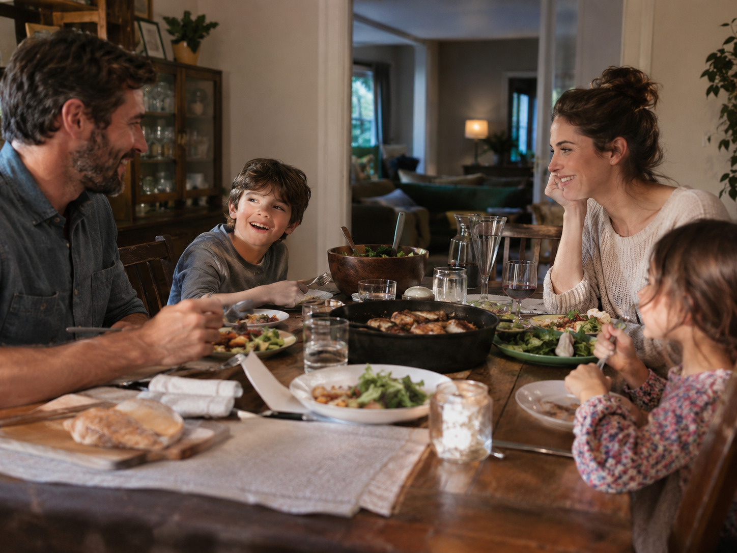 A family relaxed and laughing together at the dinner table, an ordinary calm evening at home