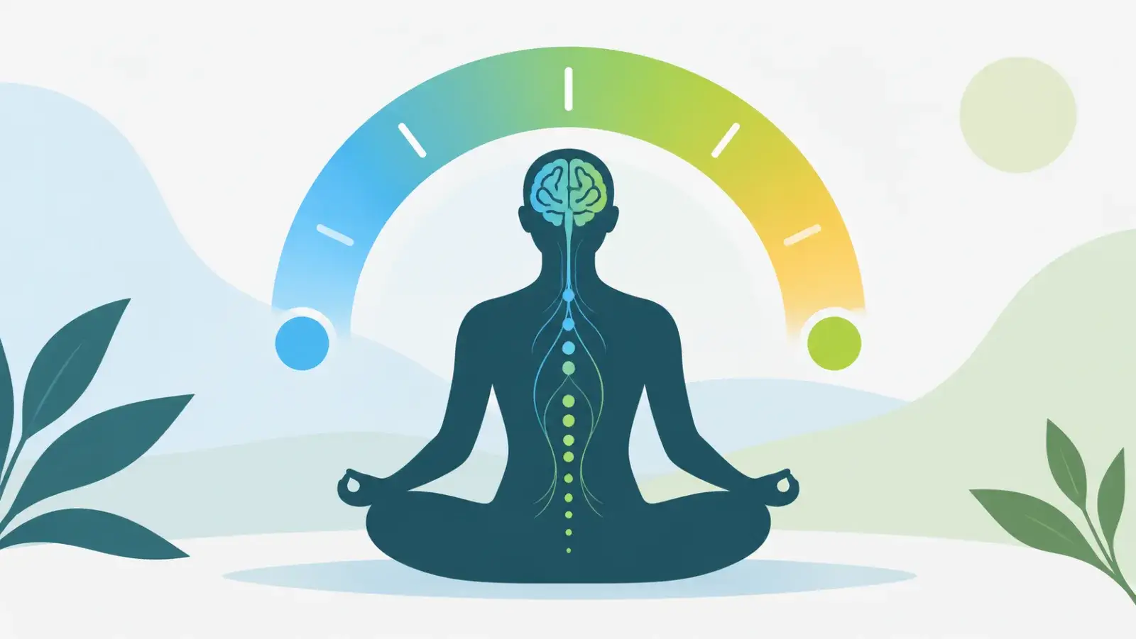 Illustration of a calm figure meditating with a nervous system dial sweeping from calm blue to activated green, representing the Clear Mind Utah nervous system self-check