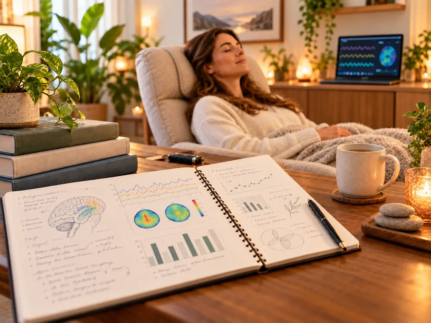 A real research notebook with brain diagrams and EEG charts next to a calm neurofeedback session setup