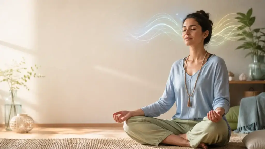 A person meditating calmly with a gentle glowing overlay suggesting neural activity, representing neurofeedback and biofeedback | clear mind utah
