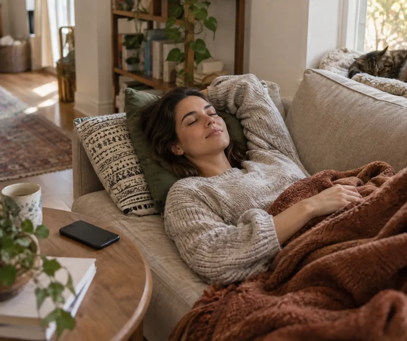 Person lying down with phone set aside, taking ten minutes for an NSDR reset