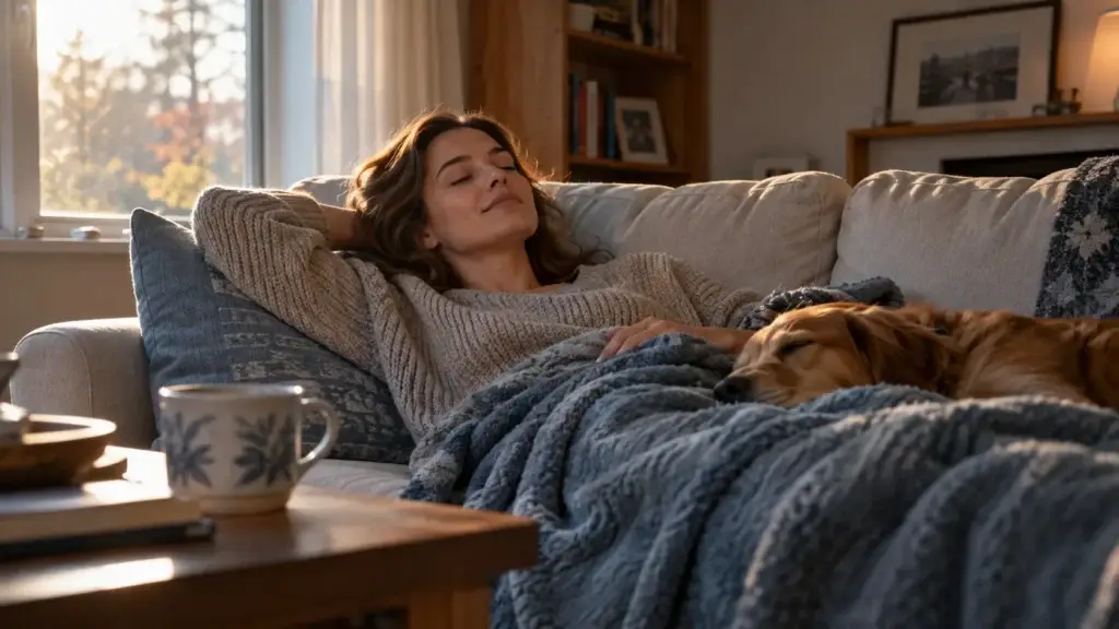 Nsdr-featured Woman relaxing on a sofa with her eyes closed, tucked into a warm blanket as a dog naps beside her on the couch by a sunny window. | clear mind utah