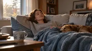 Woman relaxing on a sofa with her eyes closed, tucked into a warm blanket as a dog naps beside her on the couch by a sunny window. | clear mind utah