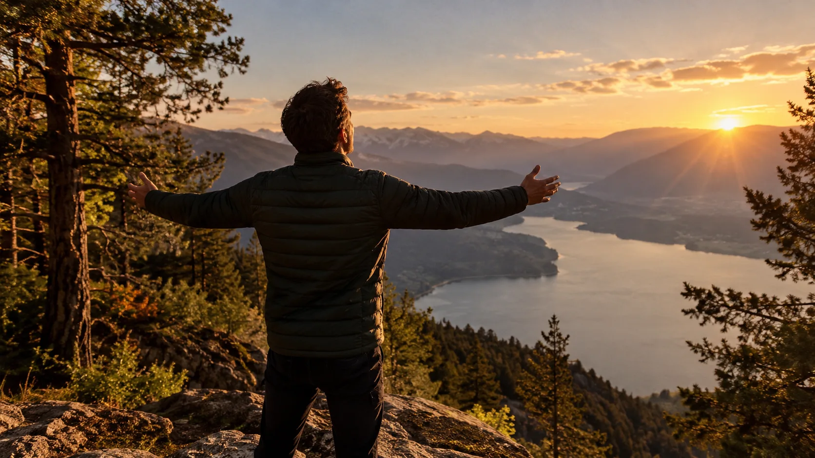 A man standing on a mountaintop at golden-hour sunset with arms spread wide open, representing release and relief for someone working through PTSD