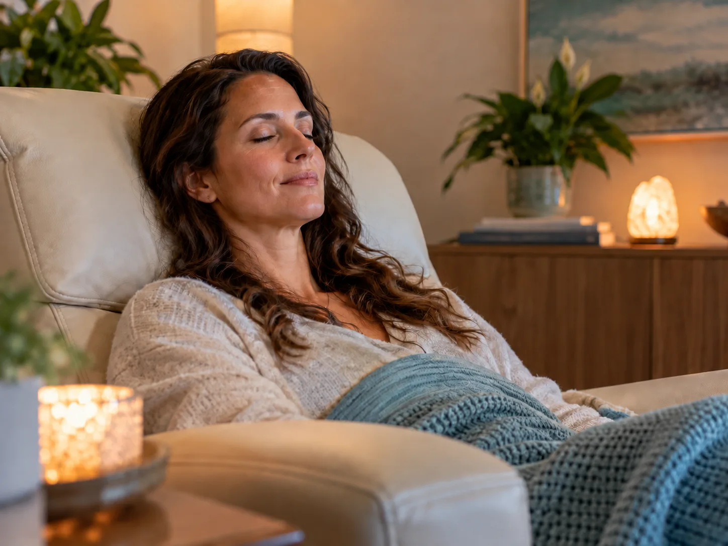 A calm, comfortable microcurrent neurofeedback session setup, showing the passive, gentle nature of the process