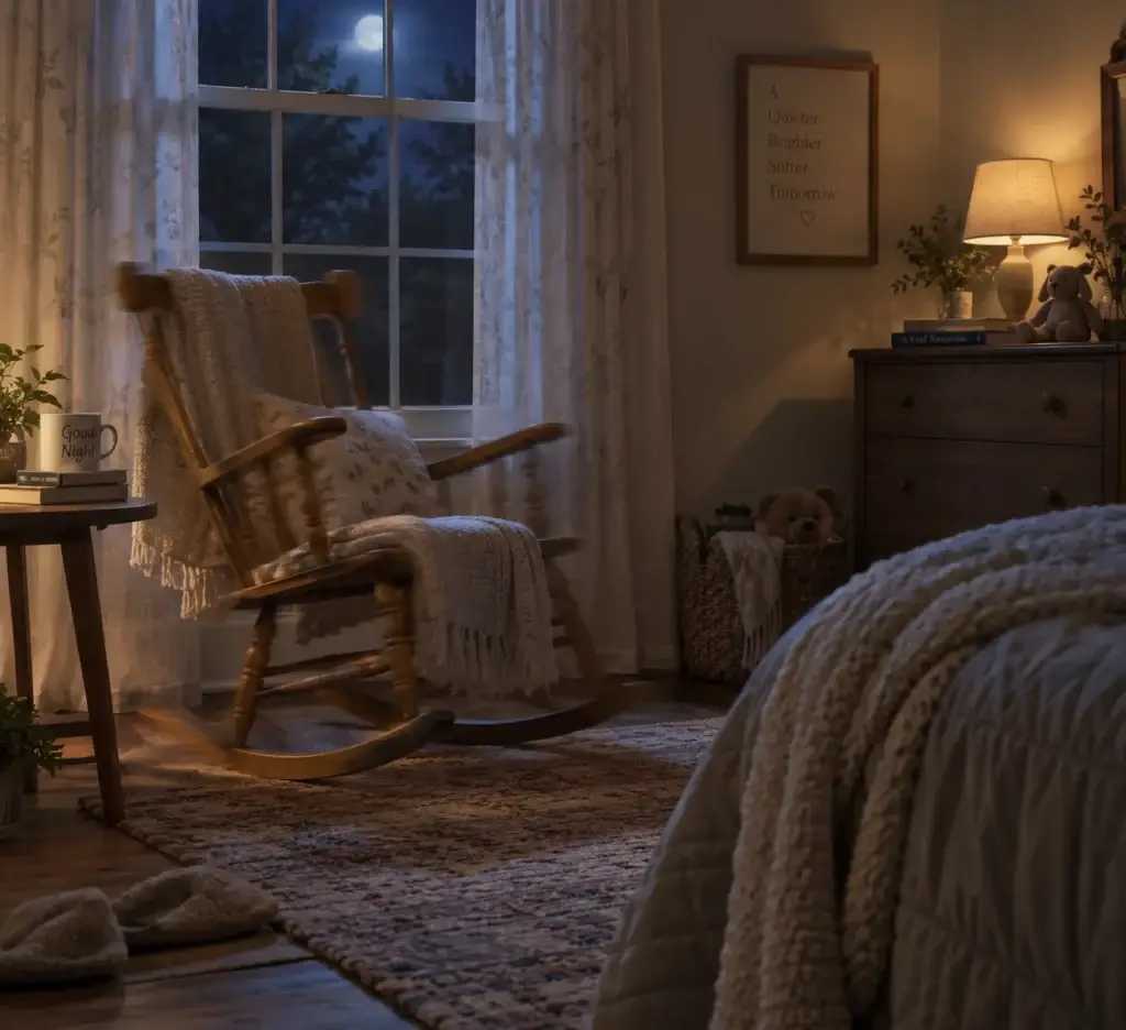 A cozy wooden rocking chair by a softly lit window at night, evoking the calming rocking motion that real sleep research shows helps people fall asleep faster | clear mind utah