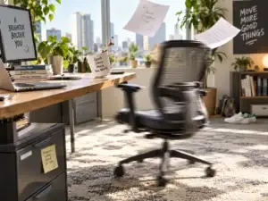 Sitting-disease An office chair caught mid-spin with motion blur, as if someone just got up to take a walk break, illustrating breaking up sedentary time | clear mind utah