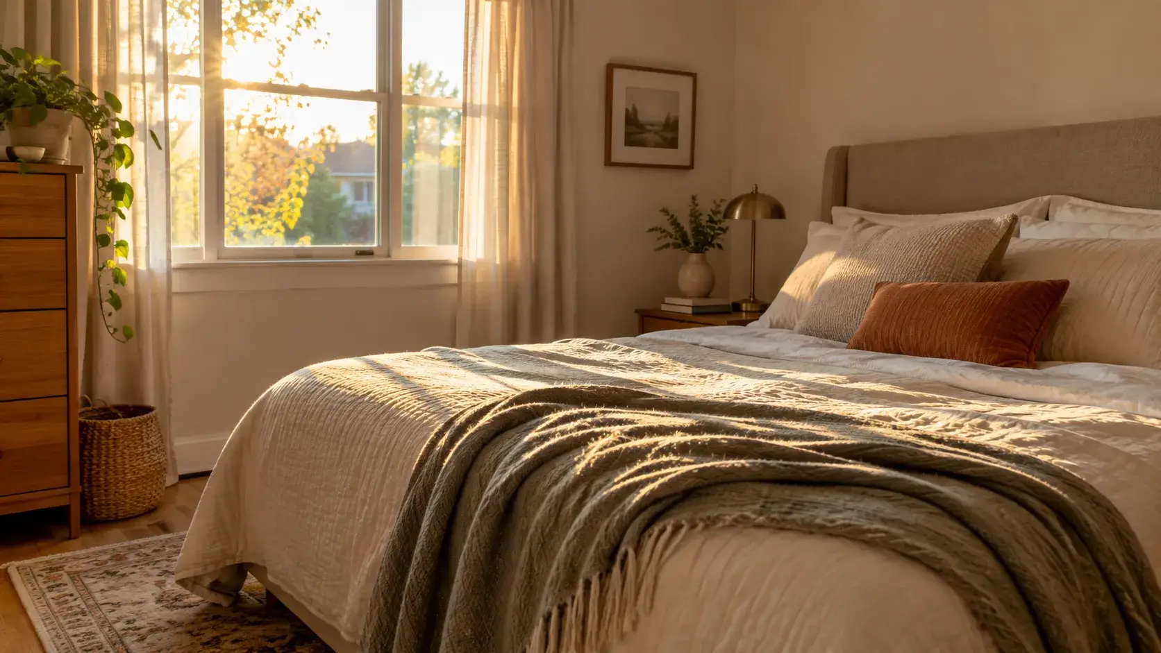 Soft morning light streaming through a bedroom window onto a made bed