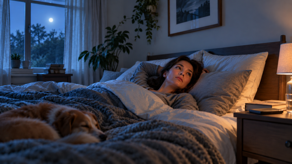 Woman lying in bed at night, gazing upward with a dog sleeping on a cozy blanket beside her; moonlit window and warm lamp on a bedside table create a quiet, intimate bedroom scene. | clear mind utah