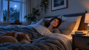 Woman lying in bed at night, gazing upward with a dog sleeping on a cozy blanket beside her; moonlit window and warm lamp on a bedside table create a quiet, intimate bedroom scene. | clear mind utah