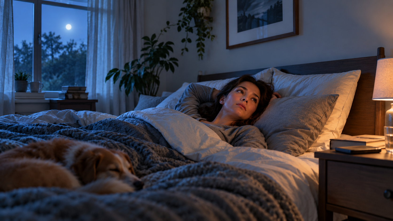 Woman lying in bed at night, gazing upward with a dog sleeping on a cozy blanket beside her; moonlit window and warm lamp on a bedside table create a quiet, intimate bedroom scene. | clear mind utah | clear mind utah