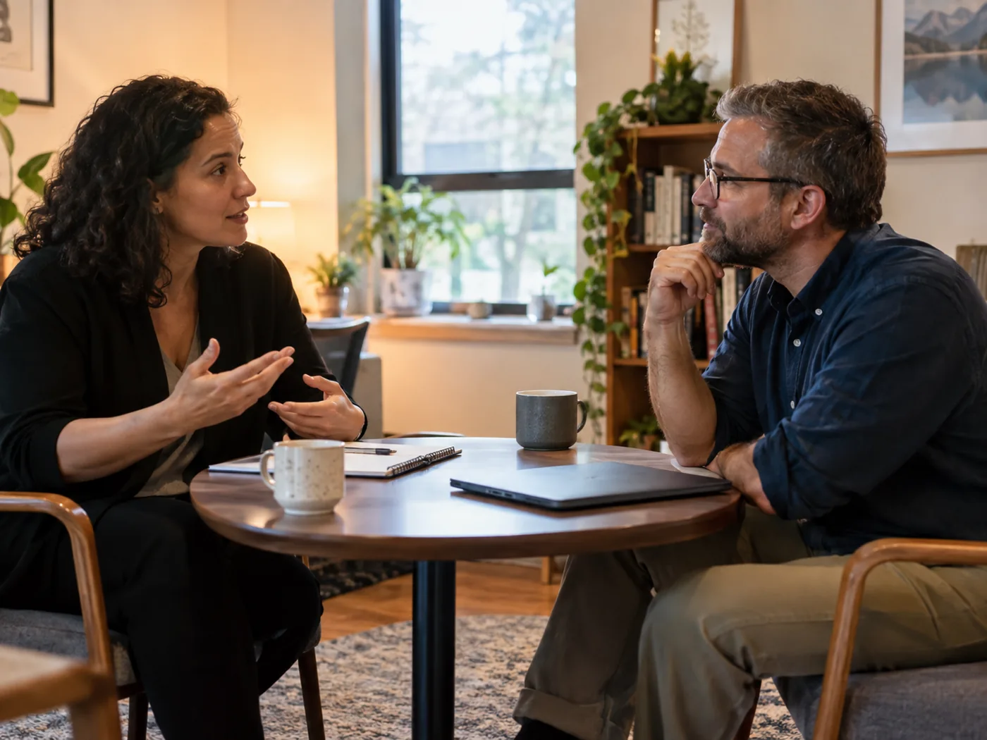 Two people having an honest, relaxed consultation conversation across a table