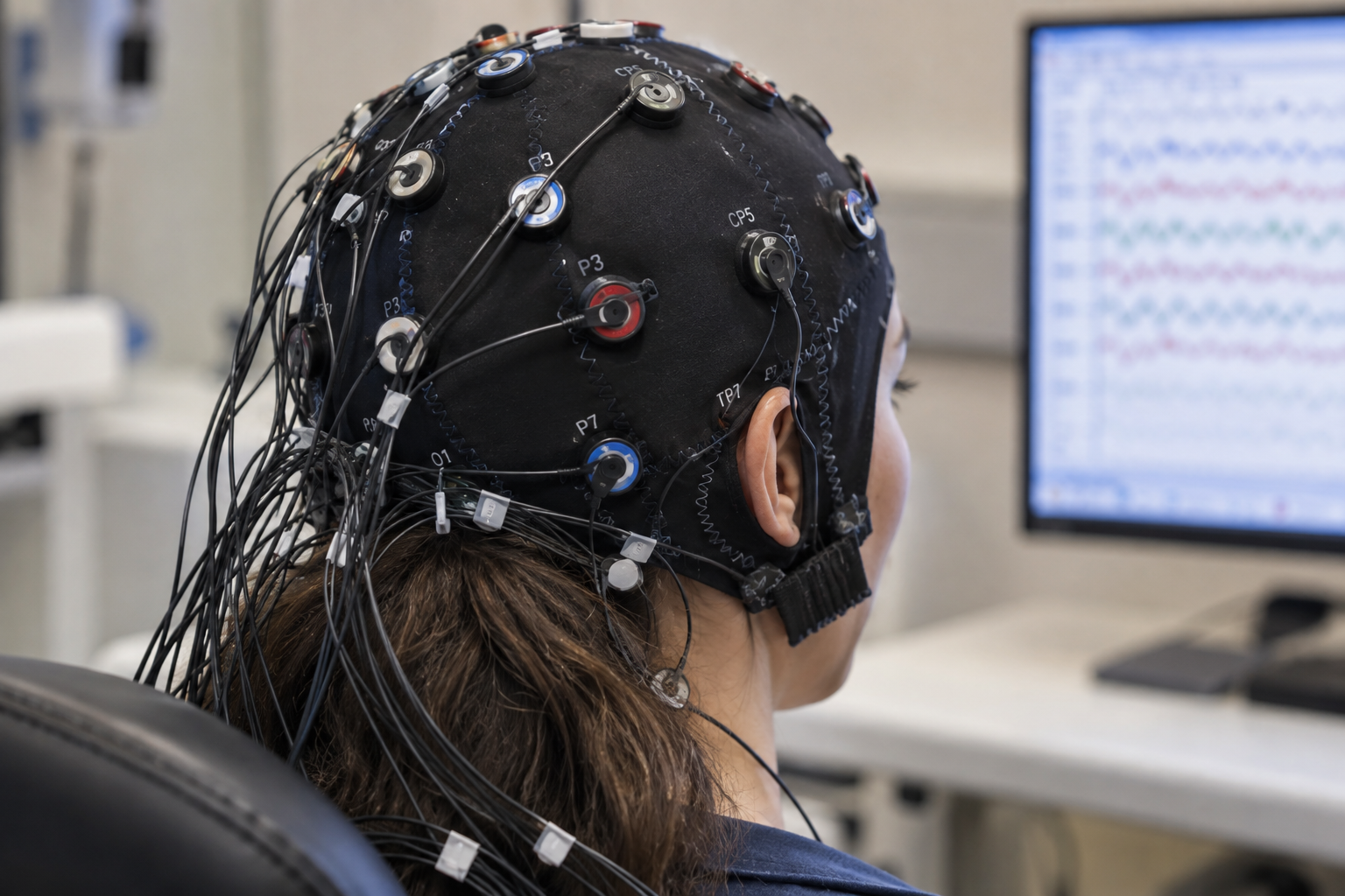 A qEEG electrode cap used for brain mapping, showing sensor placement and wiring