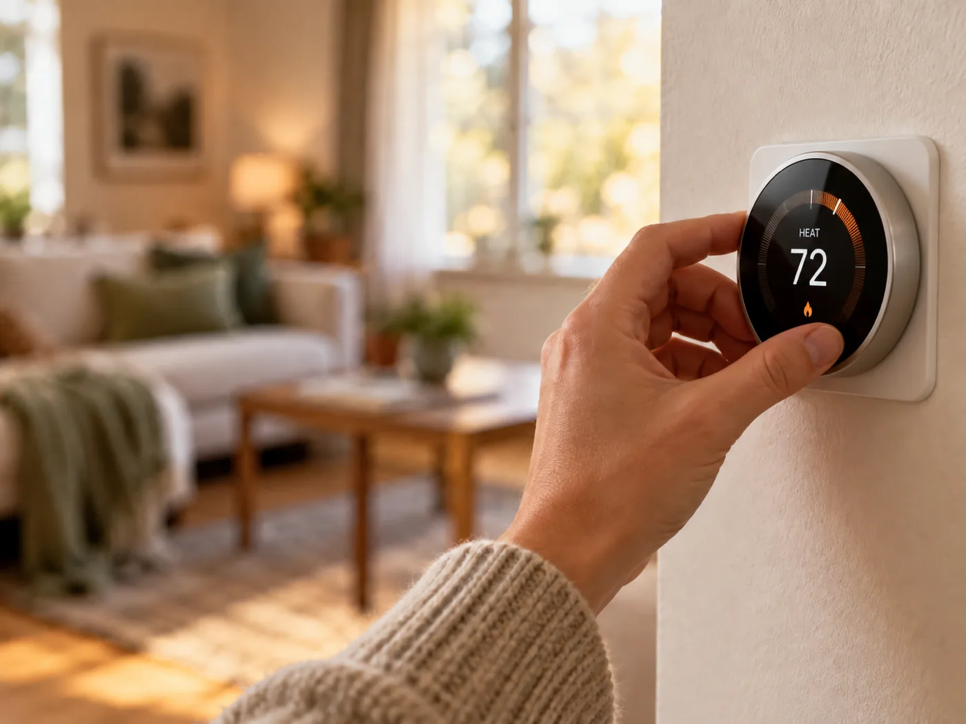 A hand adjusting a wall thermostat in a warm, cozy living room