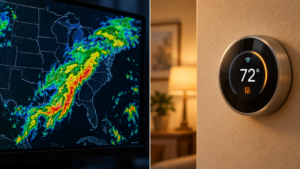 Left: weather radar showing a wide storm band across the southeastern u. S. ; right: smart thermostat displaying 72°f in a home interior. | clear mind utah