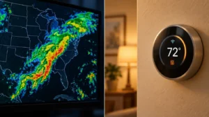 Left: weather radar showing a wide storm band across the southeastern u. S. ; right: smart thermostat displaying 72°f in a home interior. | clear mind utah