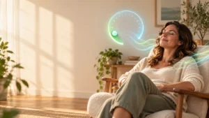 A woman relaxed in a sunlit chair with a glowing dial turned to a low, gentle setting, representing less-is-more microcurrent neurofeedback calibration at clear mind utah | clear mind utah