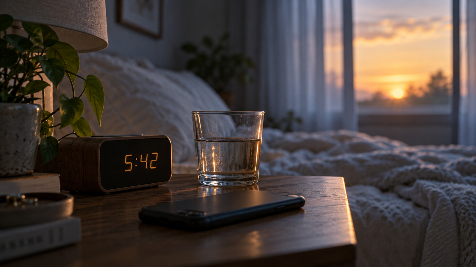 A nightstand clock reading 5:42 beside a glass of water as sunrise begins to light the bedroom window, representing the body's cortisol climb before waking