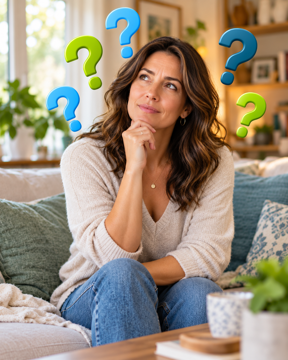 Woman thinking about whether to try a nervous system reset session, weighing the decision